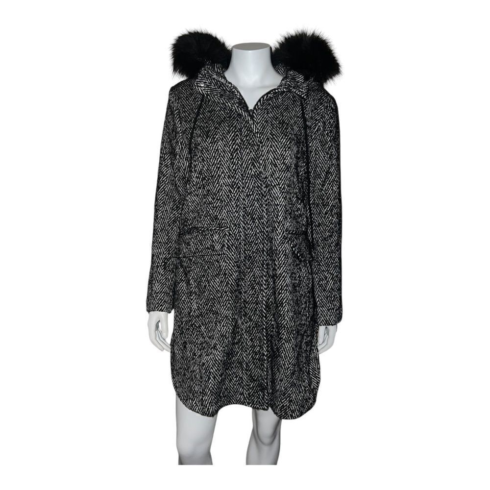 Calvin Klein Black White Wool Tweed Coat Faux Fur Trim Hood Large NWOT